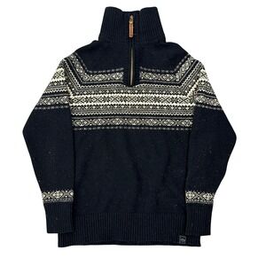 FatFace Mens Fair Isle Quarter Zip Sweater Navy Blue Nordic Knit Small